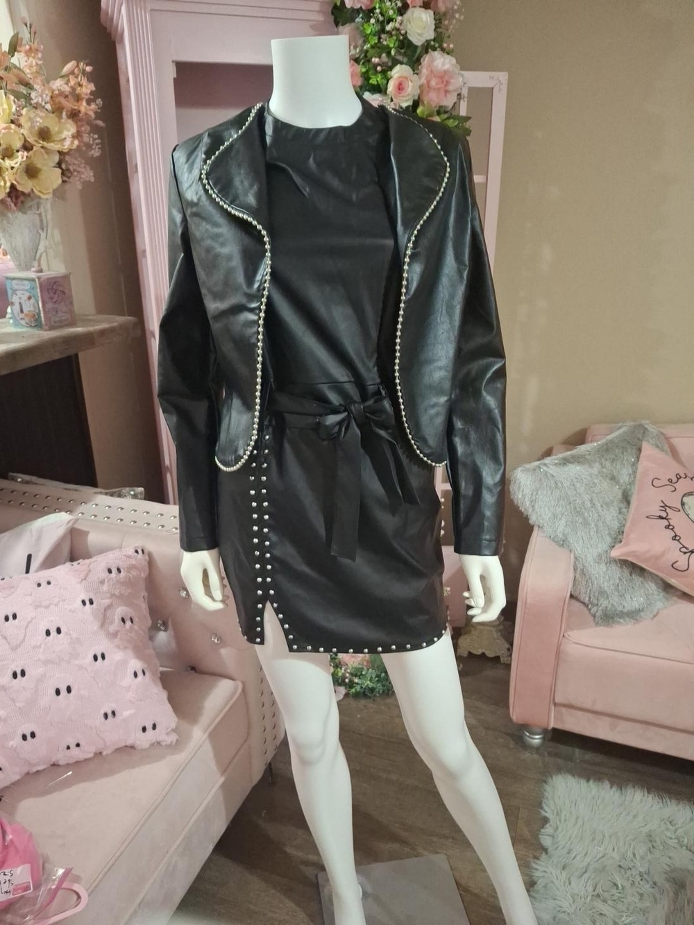 Black Leather Look Mini Dress & Matching Embellished Jacket Set. NWOT Size S